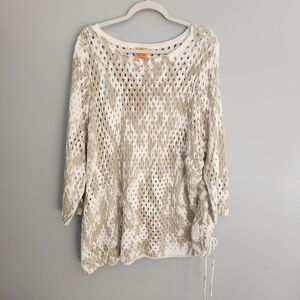 Ruby Rd. Side Tie Tan and White Open Knit Sweater